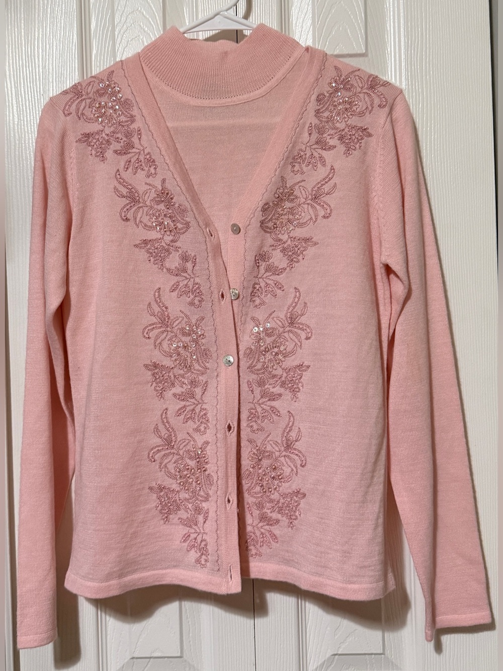 Bob Mackie Studio Womens Pink Floral Knit Cardigan Sweater Set Embroidered S